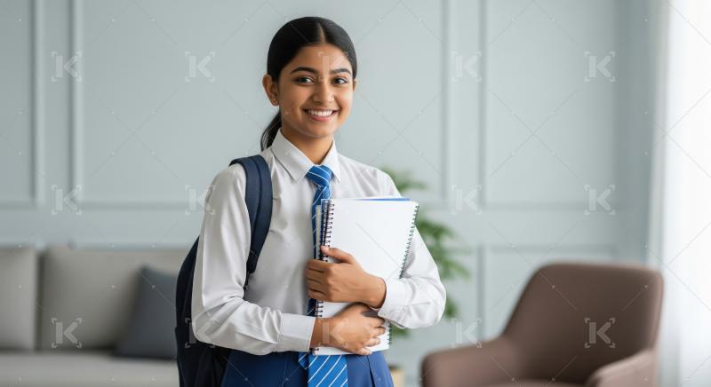 An Indian schoolgirl in uniform stands indoors holding notebooks