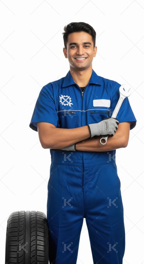 A young Indian male mechanic in a blue uniform stands confidentl
