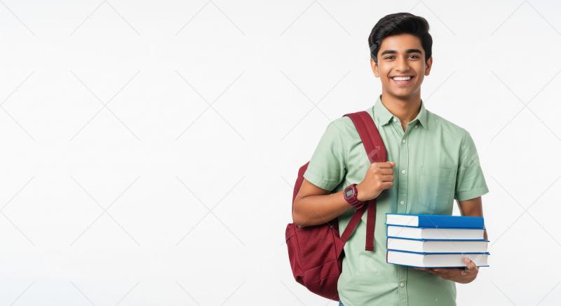 A cheerful young Indian male student in a green shirt carries a
