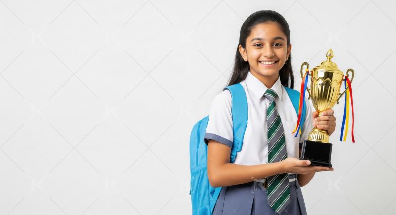 A young Indian female student in school uniform stands indoors,