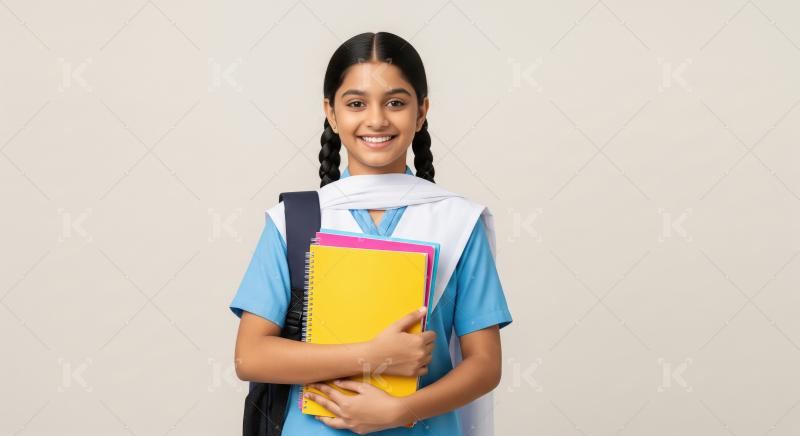 A cheerful young Indian schoolgirl in a blue uniform stands conf