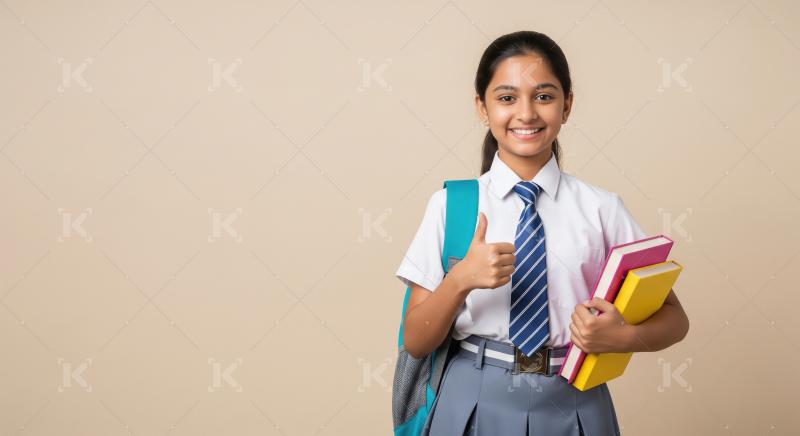 A cheerful young Indian schoolgirl in a blue uniform stands conf