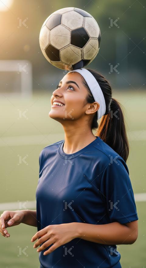 A young Indian woman in blue sportswear balances a soccer ball o