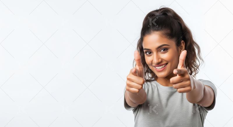 Young beautiful indian woman smiling and pointing fingers on fro