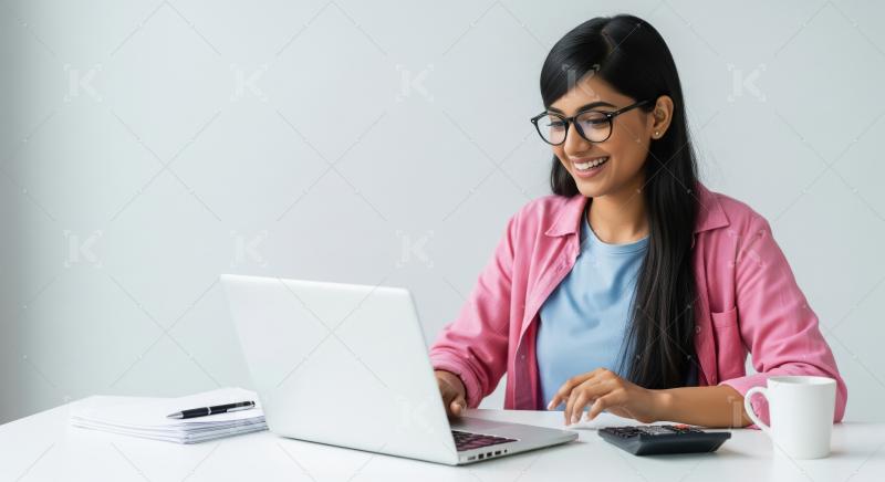 A young Indian woman works happily on her laptop at a desk with