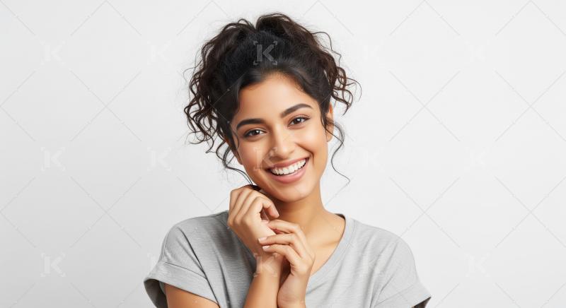 A cheerful young Indian woman with curly hair poses in a casual