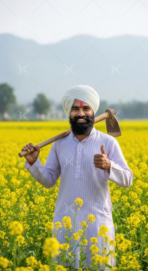 Indian farmer standing at agriculture field with tool