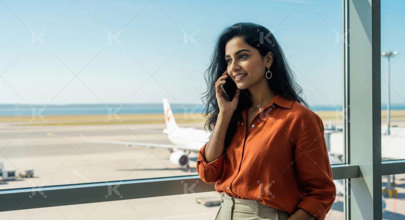An Indian woman in an orange shirt stands indoors by an airport