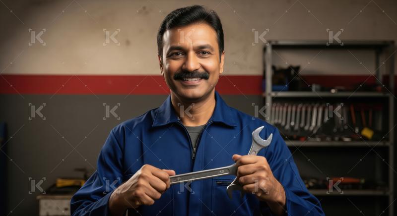 A confident Indian male mechanic in a blue uniform stands in a w