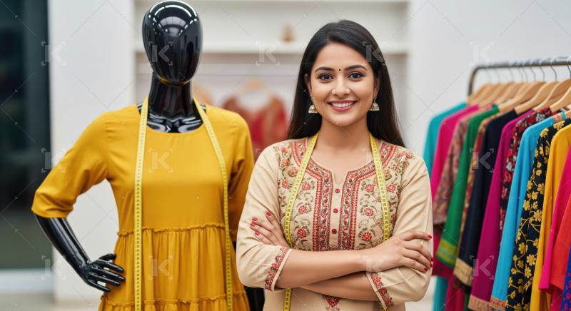 A confident young Indian woman in traditional attire stands with