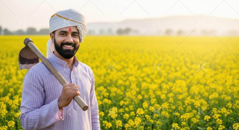 A confident Indian male farmer stands in a mustard field holding