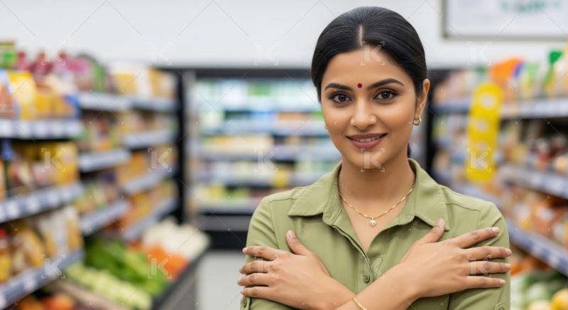 An Indian woman in a green shirt stands confidently with crossed