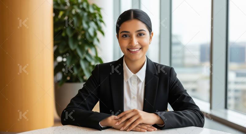 A confident and smiling young Indian woman in a black blazer sit