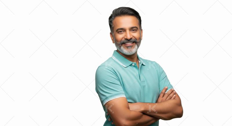 A confident middle-aged Indian man stands with arms crossed