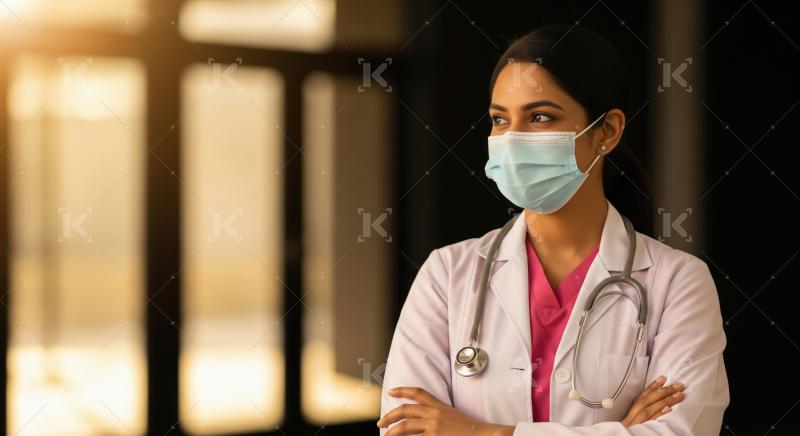 A confident Indian female doctor in a white coat and stethoscope