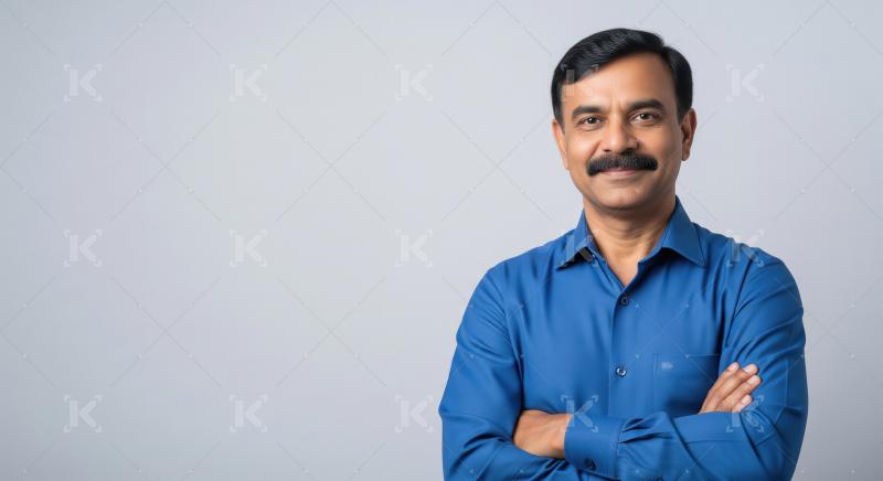 A confident middle-aged Indian man stands with arms crossed