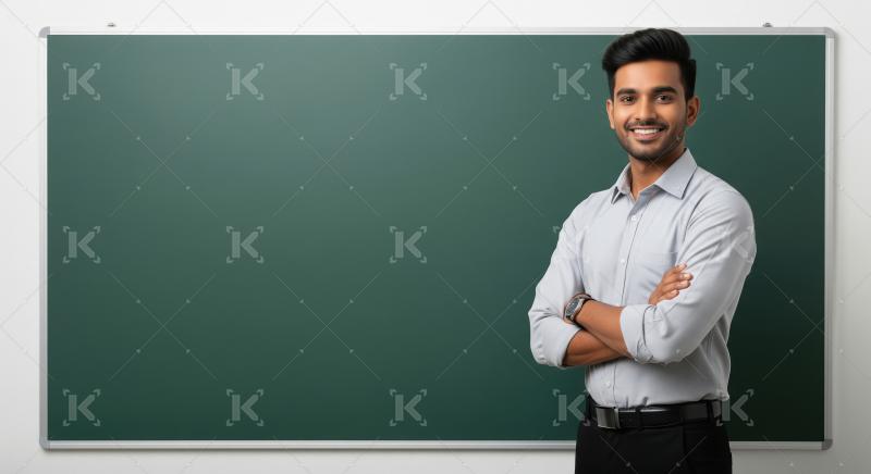 Young indian male teacher standing confidently at classroom