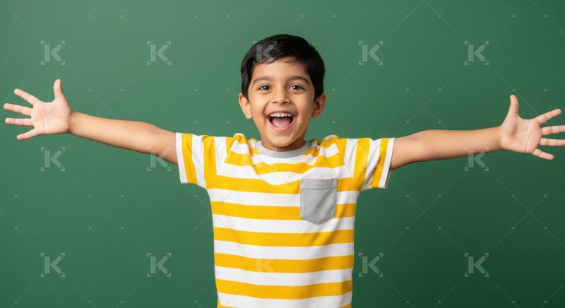 A cheerful Indian boy in a yellow and white striped t-shirt stan
