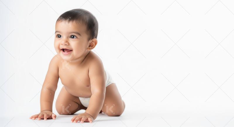 A happy Indian baby in a diaper is crawling on the floor, full o