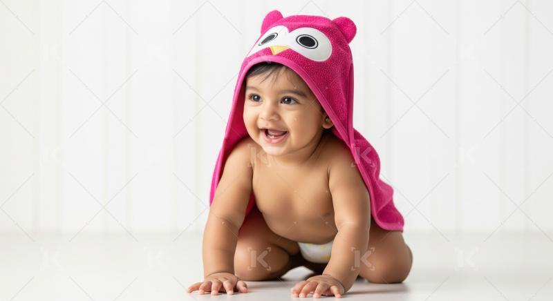 A happy Indian baby in a pink animal-hooded towel smiles while c