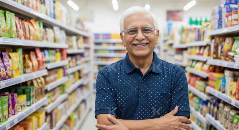 A cheerful elderly Indian man standing in a brightly lit grocery