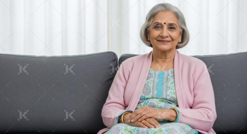 An elegant elderly Indian woman with gray hair and a bindi sits