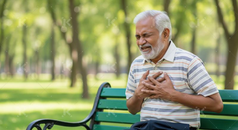 An elderly Indian man in a striped shirt clutches his chest in p