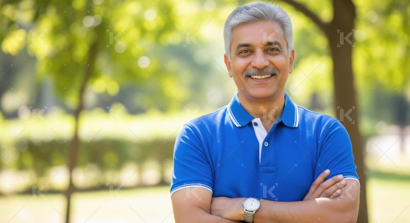 A confident middle-aged Indian man with silver hair and a mustac
