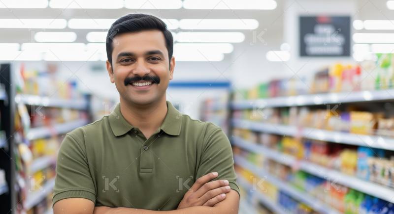 Middle age man standing confidently at grocery shop