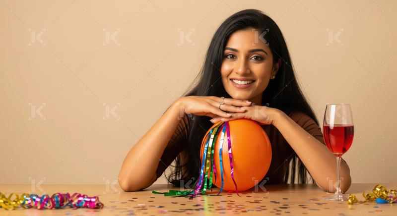 An Indian woman holding an orange balloon and sitting beside a g