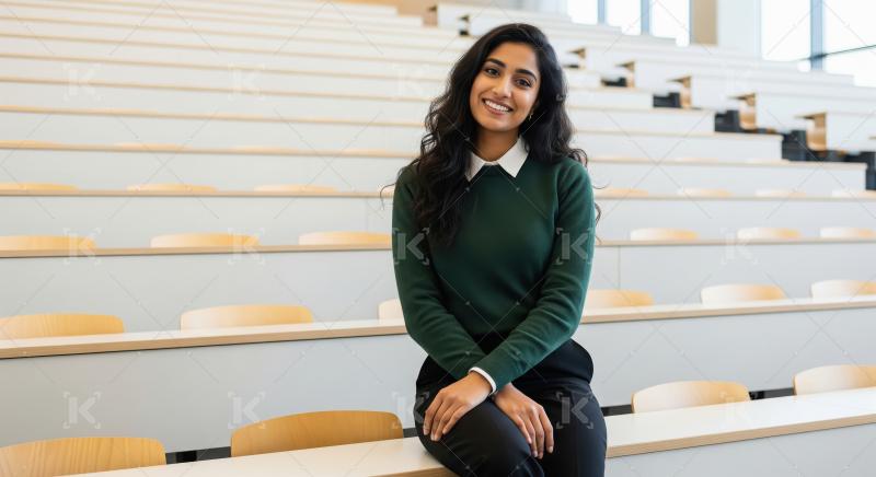 An Indian student in a green sweater sits poised and confident o