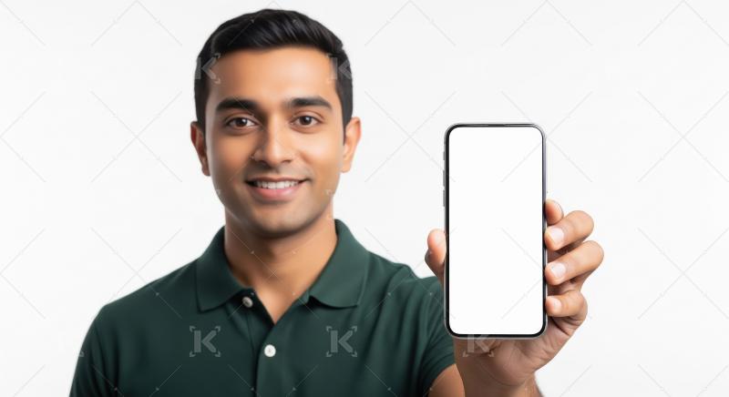 Young indian man showing smartphone screen