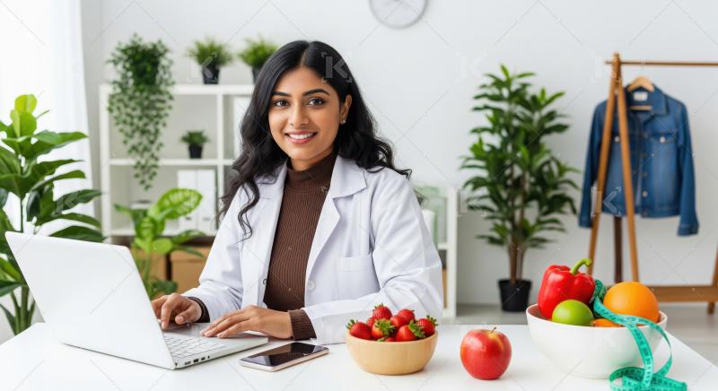 A friendly young Indian nutritionist in a white coat sits at her