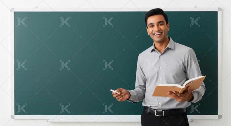 A friendly Indian male teacher in his stands confidently by the