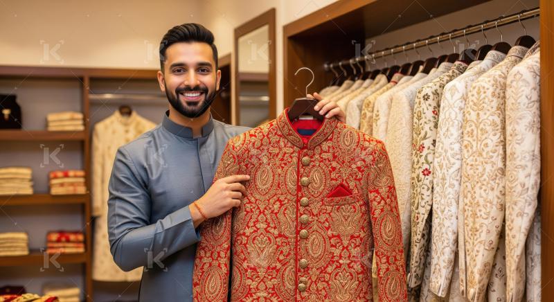 A stylish Indian man in a powder blue kurta showcases an ornate