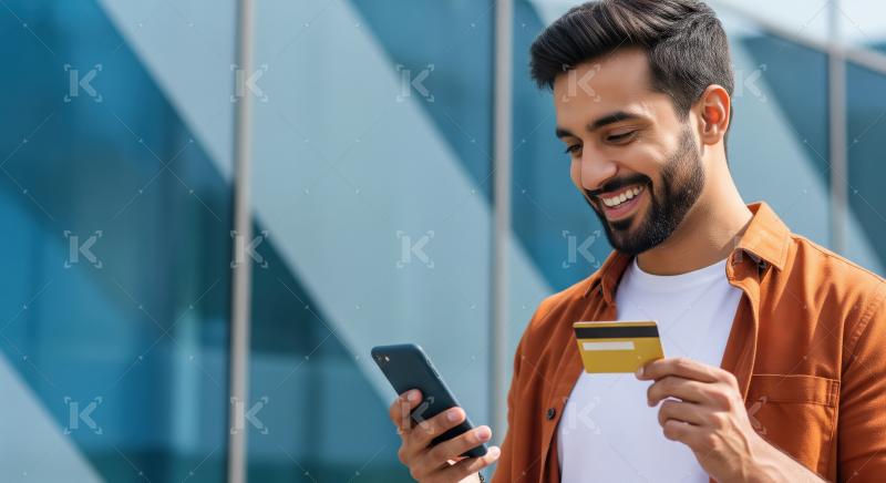 A smiling young Indian man in a casual shirt uses his smartphone