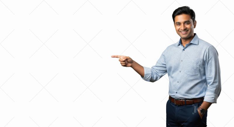A confident Indian man in a light blue shirt gestures by pointin