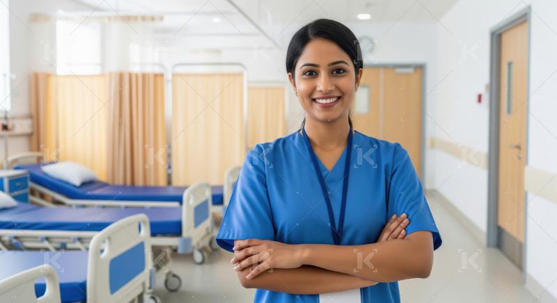 A young Indian nurse stands confidently with arms crossed in a b