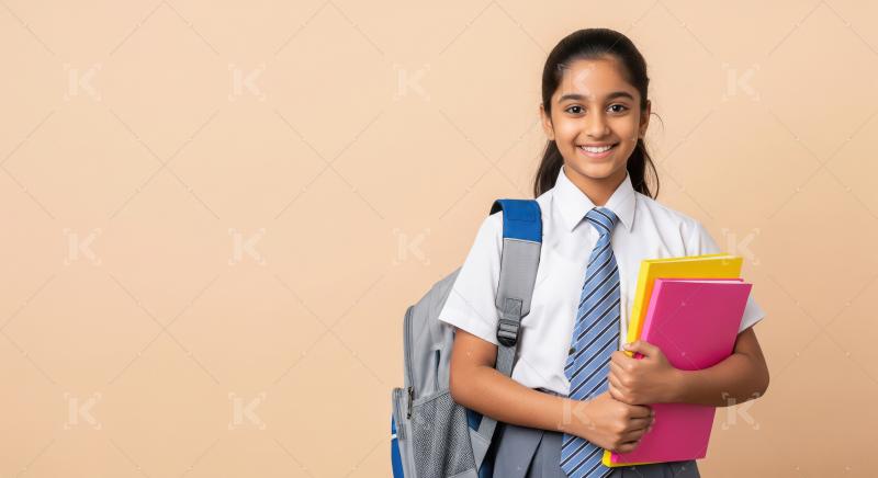 A happy, confident Indian schoolgirl in uniform stands with her