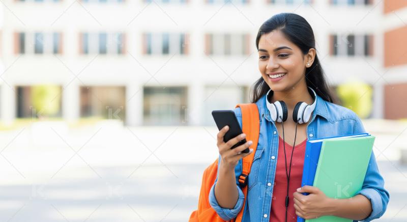 A young Indian college student with headphones, backpack, and bo