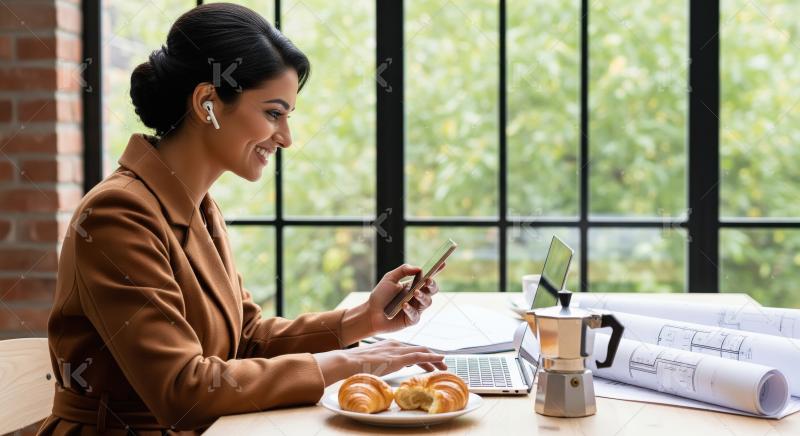 Indian woman works at a bright, modern office desk with coffee,