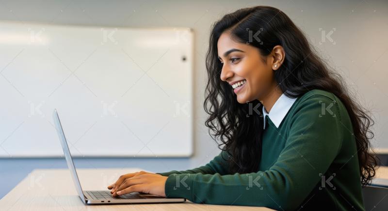 A young Indian student in a green sweater works intently on her