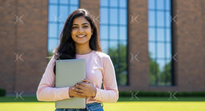 A young Indian woman in a pink top stands outdoors on campus, ho