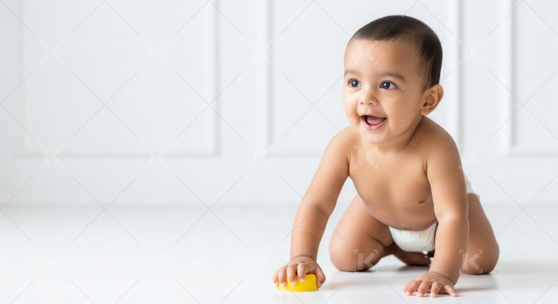 A joyful Indian baby wearing a diaper is crawling on a white flo