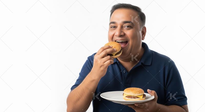 A joyful overweight Indian man in a blue shirt is eating a burge