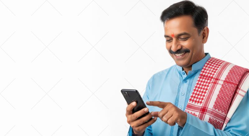 A joyful middle-aged Indian man in a blue kurta and red patterne