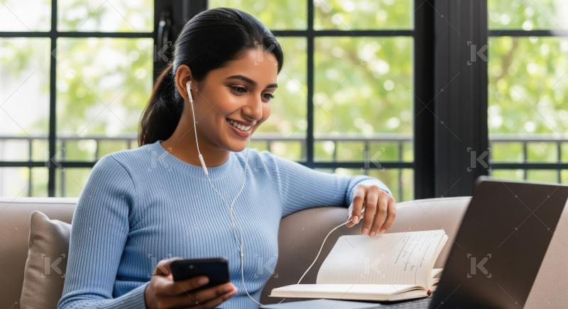 A young Indian woman in a blue sweater sits on a sofa, learning