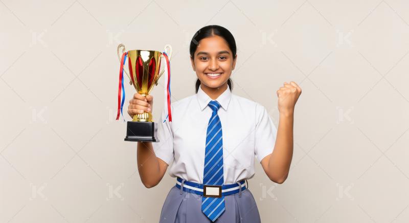 A proud Indian schoolgirl in uniform celebrates her victory whil