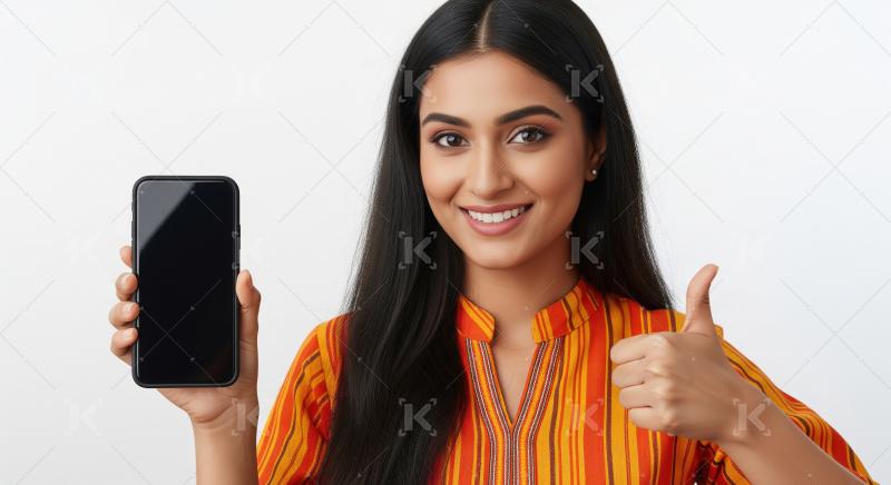 A cheerful young Indian woman in a vibrant orange striped outfit