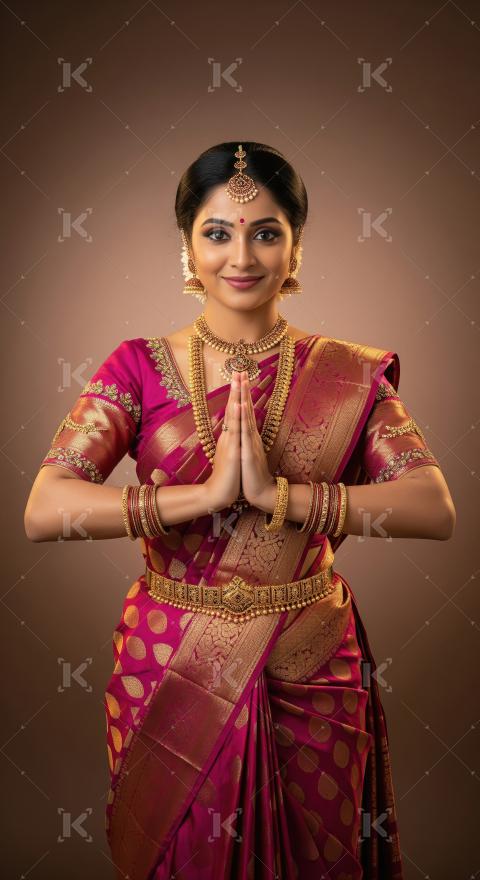 Young beautiful indian woman traditional red saree and gold jewl